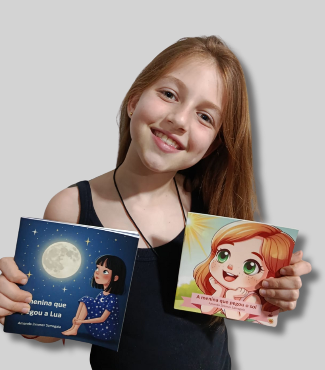 Foto da Amanda segurando seus dois livros